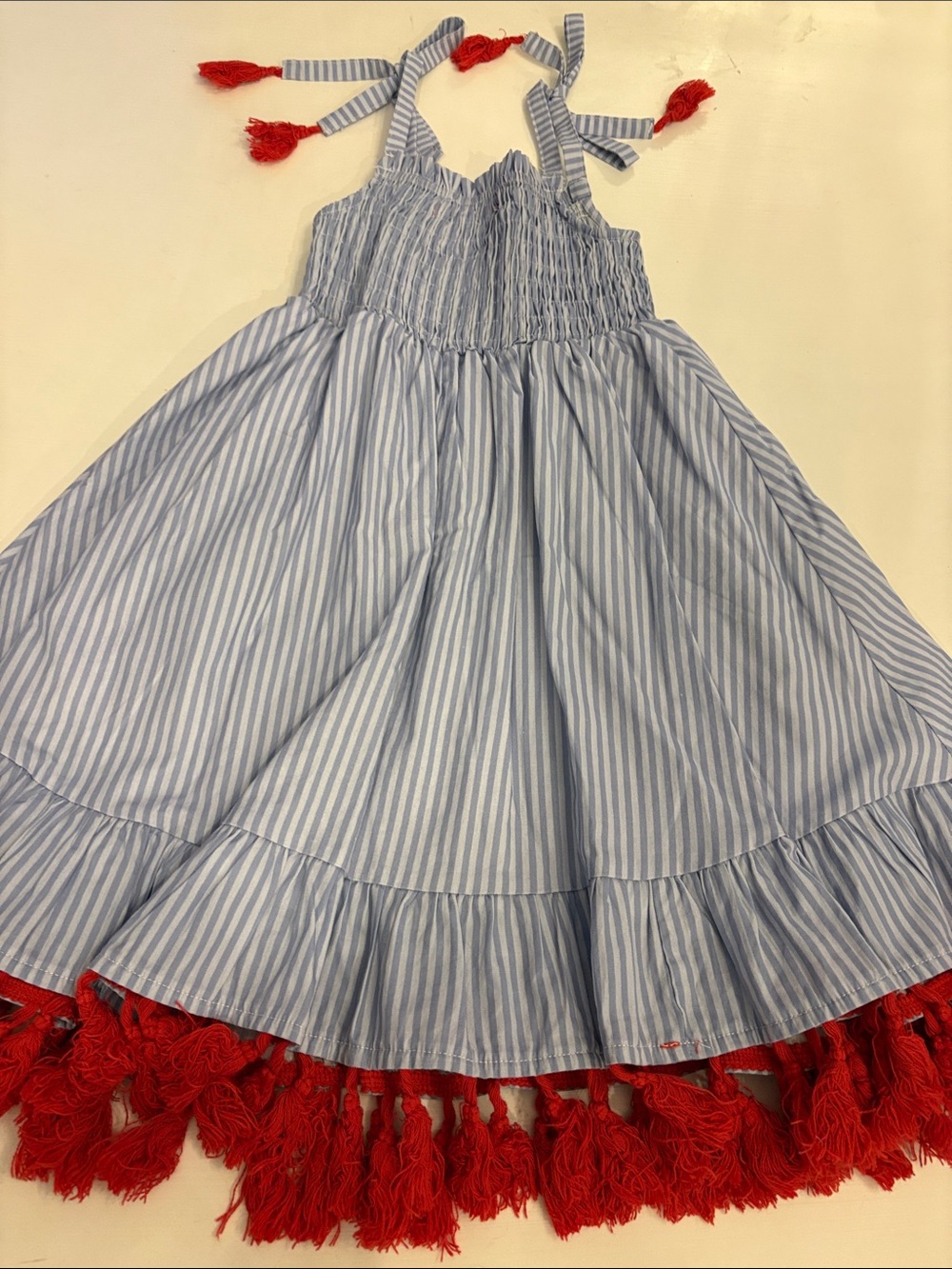 cheeky plum Blue & White Striped Sundress with Red Tassel Trim